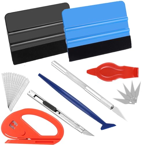 8 Stück Rakel für Folie, Rakel Set für Tönungsfolie Auto,Folierungs Werkzeug Set für Wrap Auto,2 Filzrakel Rakel,Folierung Rakel,Cutter,Messer mit 10 Klingen,Folierungs Werkzeug Kit