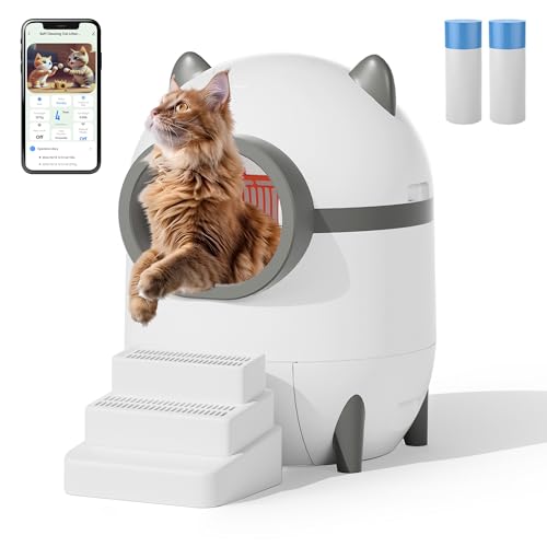 EROMMY Selbstreinigende Katzentoilette,75 L automatisches katzenklo mit APP,Sieb und Treppe Anti Pinch Self Cleaning Cat Litter Box,selbstreinigende katzentoilette für Mehrere Katzen (Weiss)