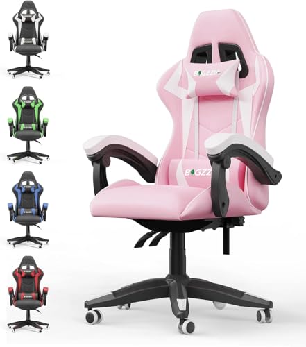 bigzzia Gaming Stuhl Ergonomisch - Gaming Sessel mit Lendenkissen Kopfstütze, 90-135° Rückenlehne Gaming Chair, Pc Stuhl Gamer Stuhl für Erwachsene Mädchen Junge rosa-weiß