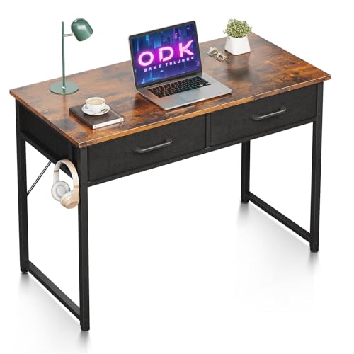 ODK Schreibtisch mit 2 Schubladen, Klein Schreibtisch mit Kopfhörer Halter, Bürotisch PC Tisch Officetisch für Büro, Wohnzimmer, Home Office (Braun, 100x40x78.7cm)