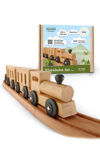 LISA & MAX Holzeisenbahn Set (14 Teile) im stilvollen Retro-Look - Made in EU aus FSC®- zertifiziertem Holz - für Kinder aus Naturfarben und ohne Plastik - Holz Eisenbahnen, Schienen und Holzzug