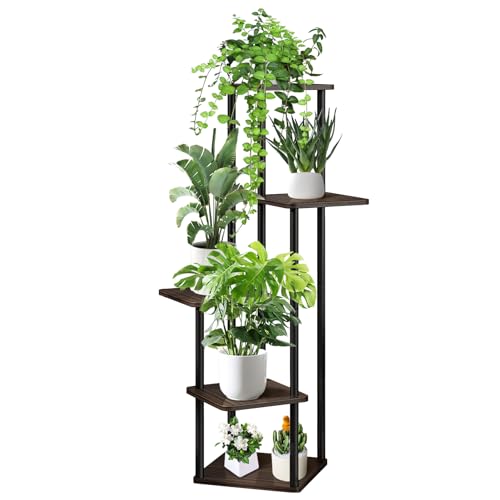 VASZOLA 5-Tier Hölzern Blumenregal Pflanzenregal, Mehrstöckig Blumenständer Pflanzenständer Blumenbank Blumentreppe Pflanzentreppe Standregal für Innen Garten Balkon Deko(Schwarz Eiche)