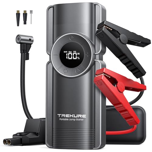 TREKURE Starthilfe Powerbank mit Kompressor, 150PSI 4000A Auto Starthilfe Powerbank für 8.5L Benzin und 8.0L Dieselmotor, 12V Booster Auto Starthilfe mit LED-Licht