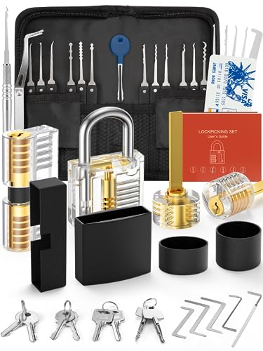 FAHEFANA 38-teiliges Lockpicking Set, [2023 Schwierigkeit Upgrade] Dietrich Set in Kreditkartengröße mit 4 Transparente Schlösser, Anleitung zum Schlossöffnen für Anfänger und Profis