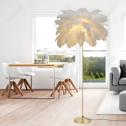 YYUTLUO Moderne Federlampe, Stehlampe Aus Natürlichen Straußenfedern, 160cm Hoch, Goldene Stange Und Sockel, Stehlampe, 3 Farbtemperaturen, G4 Led Lampen Wohnzimmer Kinderzimmer Schlafzimmer (Weiß)