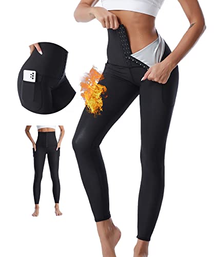 Merlvida Schwitzhose zum Abnehmen Sauna Leggings Damen High Waist Sportleggins mit Taschen Hot Thermo Sweat Sporthose Bauch Weg Schwitzen Hosen Shape Leggings Jogginghose Schwitzanzug Gym Yoga Fitness