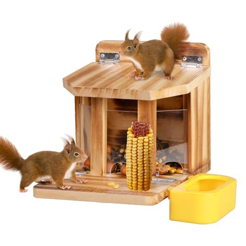 MIXXIDEA Eichhörnchen Futterhaus Hölzerne Eichhörnchenfütterung für draußen mit Wasserschale, großes Fassungsvermögen stabiles, Keine Montage erforderlich (braun-1pcs)