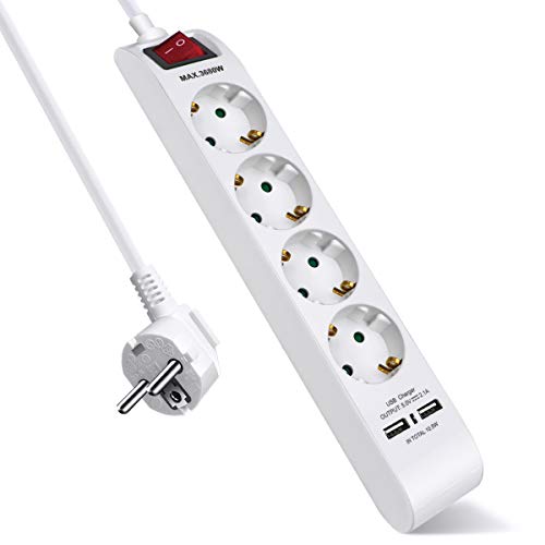 EXTRASTAR 4 Fach Steckdosenleiste mit 2 USB, Mehrfachsteckdose mit Schalter und Kindersicherung, Steckerleiste mit 1.5m Kabel, 16A, 3680W, für Zuhause, Büro, Weiß