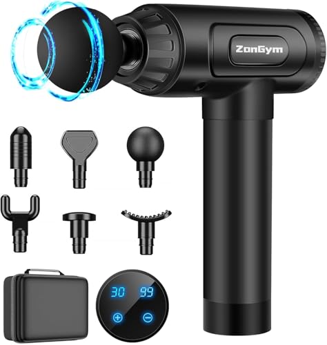 ZonGym massagepistole Deep Tissue, Percussion-Muskel-Massagegerät,leises Handmassagegerät für Muskel-Nacken-Rücken-Schulter-Schmerzlinderung, LCD-Touchscreen mit 10 Köpfen, Black Massagepistole