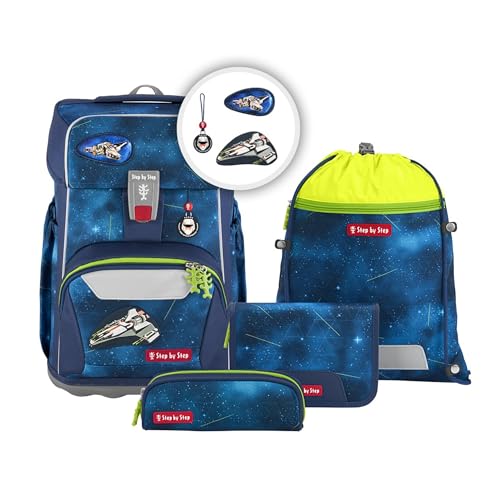 Step by Step Giant Schulranzen-Set „Starship Galactus“, 5-teilig, blau, ergonomischer Tornister mit Reflektoren, höhenverstellbar mit Hüft- und Brustgurt, für Jungen ab der 1. Klasse, 23 Liter