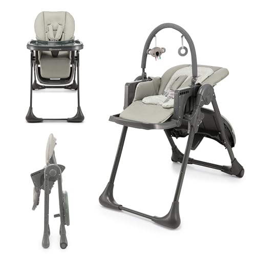 Kinderkraft TUMMIE Hochstuhl 2 in 1, Kinderhochstuhl, Babystuhl, Kombihochstuhl, ab den Ersten Lebensmonaten, Fußstütze, Halbliegende Position, Bezug aus PU, mit Spielzeugen, Grau