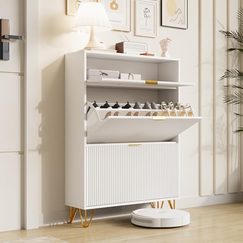 Generisch Schuhschrank mit 3 Klappen, Schuhkommode, Shoe Cabinet weiß, schuhkipper schmal mit 6 Fächern, schuhschränke für Flur oder Eingangsbereich, platzsparend, 80 x 24 x 120 cm(3 Klappen)