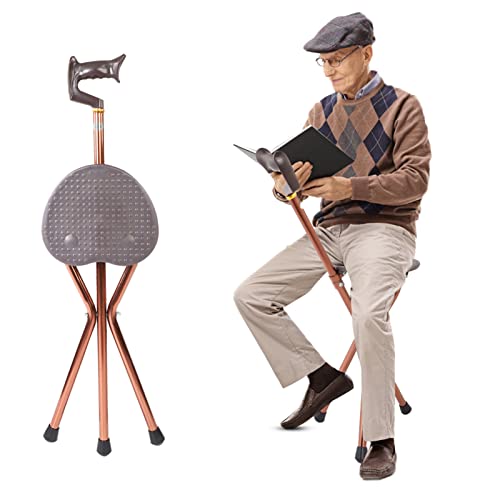 Gehstock mit Sitz, Metall Sitzhocker Klappsitz Spazierstock mit Sitz Reisestockstuhl Robust Gehstock mit 3 Füßen für ältere Männer, behinderte und erholende Menschen 74cm