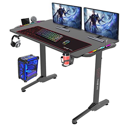 Dripex Gaming Tisch mit LED, Gaming Schreibtisch 110cm, ergonomischer Computertisch mit Getränke-, und Kopfhörerhalter, schwarz
