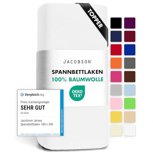 Jacobson Jersey Spannbettlaken Spannbetttuch Baumwolle Bettlaken (Topper 180-200x200 cm, Weiss)