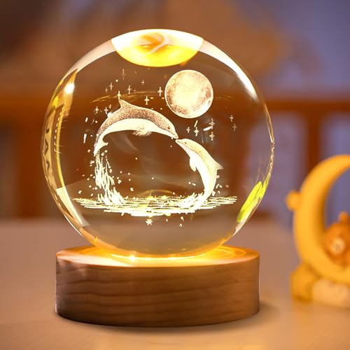 Geschenke Für Mama LED Kristallkugel Nachtlicht, LED Nachtlicht Kristallkugel Lampe mit Holz Sockel, 3D Dolphin Deko Licht, LED Rose Beleuchtung Herz Deko Geschenke Für Frauen,Valentinstag (Delfin)