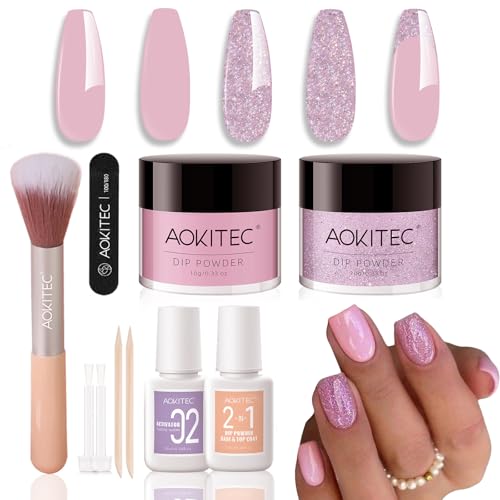 Aokitec Dipping Powder Nails Set - Pink & Glitzer Dip Powder mit Dip Liquid Base Nagelzubehör für Nail Art, Nägel Set zum einfachen Mitnehmen, Nägel Selber Machen, Geschenk für Frauen & Mädchen
