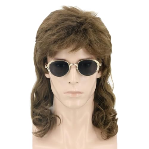 LeMarnia Herren 80er Jahre Vokuhila Perücke Rocker Punk Popstar Perücke Lange Lockig Mullet Perücke Halloween Party Kostüm-Perücken