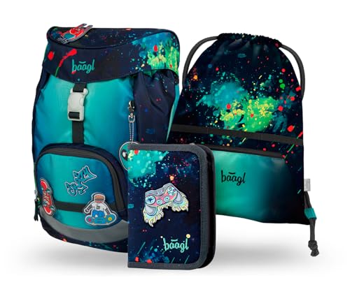 Baagl Schulranzen Jungen für 1. Klasse, Airy Schultasche Set 3-Teilig, Grundschule Schulrucksack für Kinder, Ranzen für Schule, Tornister (Chill)
