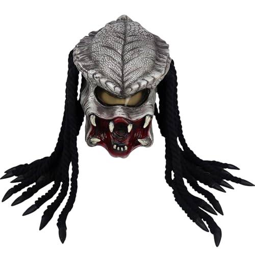 Predator Maske Alien Predator Helm Monster Masken mit Dreads Haaren Gruseliger Raubtier Vollkopf Helm Halloween Kostüm Karneval Requisiten (Raubtier A)