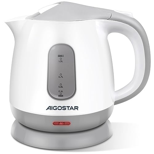 Aigostar Juliet- Wasserkocher Klein 1 Liter, 1100W, Niedriger Stromverbrauch, BPA-Frei, Mini Wasserkocher für Schlafzimmer, Reisen, Camping, Büro, Kompakt & Leicht, Abnehmbarer Filter, Weiß Grau