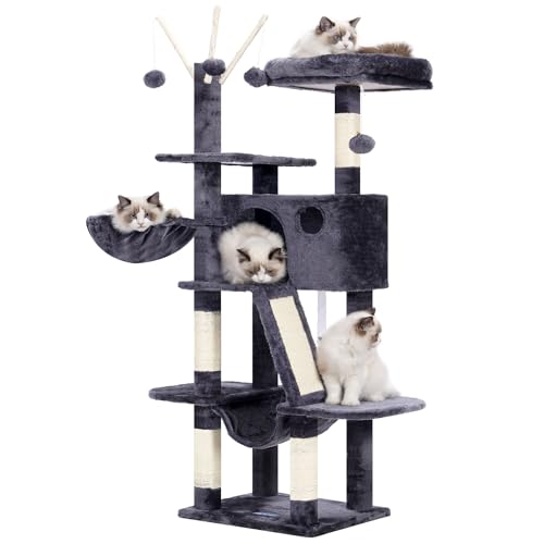 Hey-brother Kratzbaum, 135 cm Indoor Katzenbaum, Mit gepolsterter Plattform Bett, Spielzeug Ball, Höhlen, Hängematte und Sisal Kratzbaum Katzenhaus, Rauchgrau MPJ019-SG