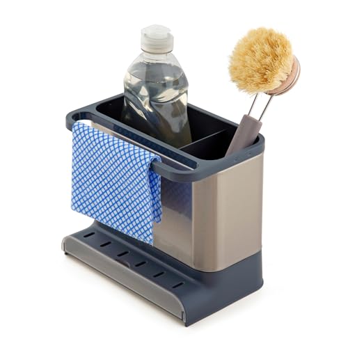 simplywire – Spülbecken-Caddy – Spülbecken-Organizer – Abnehmbare Auffangschale – rutschfest – Grau und Edelstahl