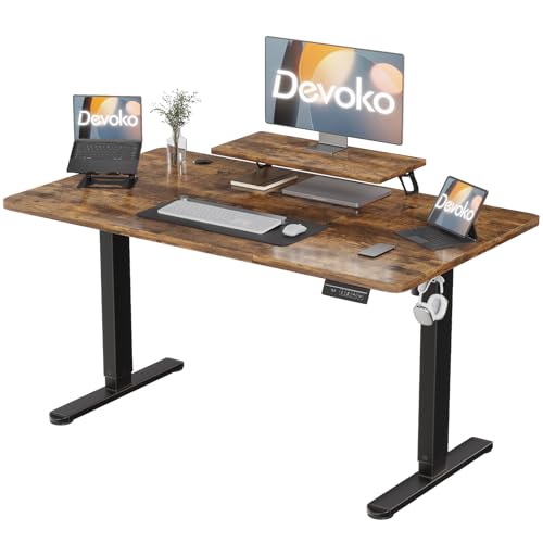 Devoko 160×70cm Elektrisch Höhenverstellbarer Schreibtisch mit Monitorständer, Computer-Schreibtisch, mit 2 Höhen-Speicherfunktionen, Vintagebraun