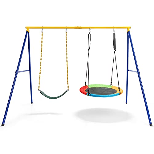 DREAMADE Doppelschaukel mit Schaukelgestell, bis 300kg belastbar, Gartenschaukel Kinderschaukel Outdoor für Kinder Garten Schaukelgerüst Schaukelset mit Metallgestell (Schaukelgestell+2 Schaukeln)