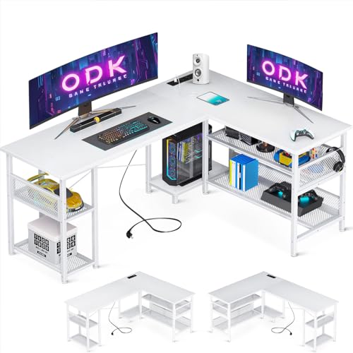 ODK Gaming Schreibtisch L-Form mit Reversibler Anordnung, Schreibtisch mit Großer Stauraum, Eckschreibtisch Weiß mit 2 Steckdosen und 2 USB Ladeanschluss, 150×102cm