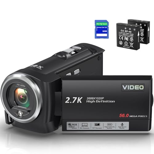 Delmodes Videokamera 2.7K Camcorder 56MP 16X Digitalzoom Vlogging Camera mit LED-Fülllicht für YouTube, 2.8' LCD Bildschirm Camcorder mit 32 GB SD-Karte, 2 Batterien