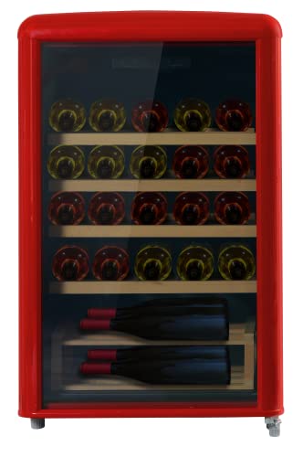 Amica WKR 341 920 R Retro-Weinkühlschrank/Weintemperierschrank im Retro Design/Rot/max. 30 Bordeauxflaschen (0,75l) / 87,5 x 55cm / 4 Holzlagerböden aus Buche/Kompressor-Technik