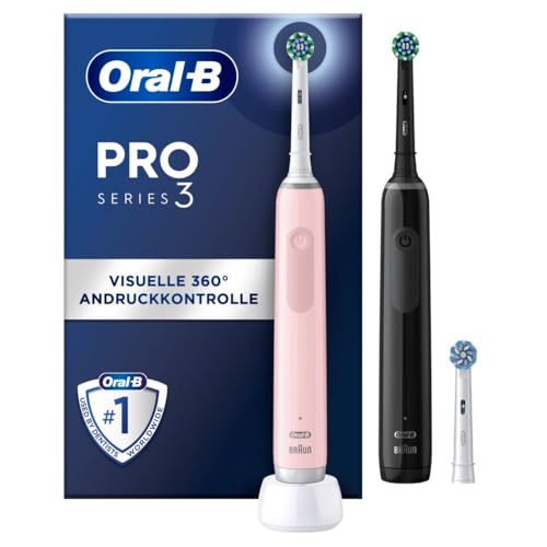 Oral-B Pro 3 3900 Elektrische Zahnbürste,Electric Toothbrush, Doppelpack, drei Putzmodi, 360° Andruckkontrolle für Zahnpflege, Designed by Braun, Geschenk Mann,Frau, Black,Pink