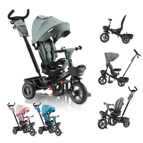 FableKids 5in1 Dreirad Noemi mit Schubstange ab 18 Monate bis 25kg, Vorwärts und Rückwärtsfahrt, PU-Reifen, Freilauf geräumiger, Korb, Tasche, Getränkehalter - Grau