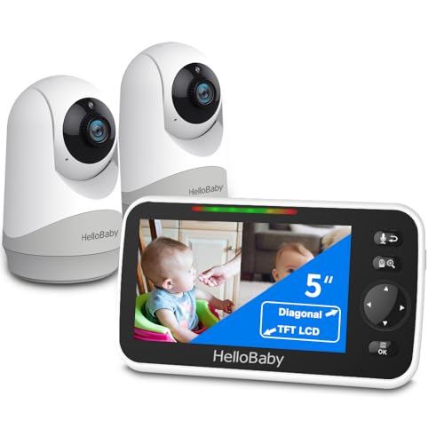 HelloBaby Video-Baby-Monitor, 5-Zoll-Split-Screen mit Dual-Kameras, Fernsteuerung Kameras mit Nachtsicht und Temperaturüberwachung, ECO-Modus, Zwei-Wege-Gespräch