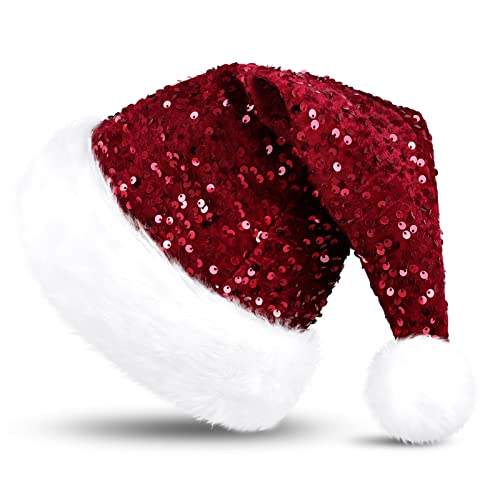 KONVINIT Weihnachtsmütze Erwachsene Nikolausmütze Weihnachtsmann Mütz mit Glitzer Pailletten und Plüsch Rand für Christbaumspitze Festliche Weihnachtsfeier Tannenbaum,rot