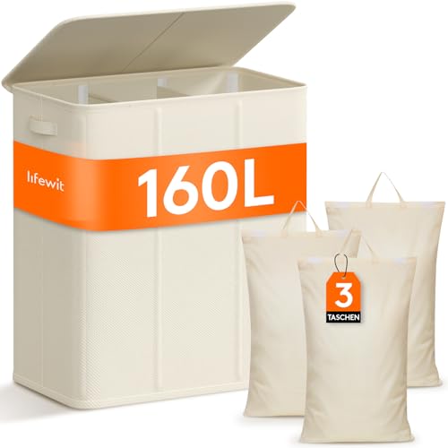 Lifewit 160L Wäschekorb 3 Fächer, Wäschesammler mit Deckel, Wäschekorb Wäschekörbe Groß 3 Abnehmbarem Wäschesack, Laundry Baskets mit Griffen, Waschenkorbe Wäschetonne Wäschesortierer, Weiß