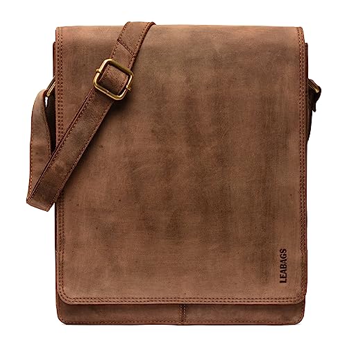 LEABAGS Leder Messenger Bag, London Vintage Herren Umhängetaschen, Echtleder Aktentasche Laptoptasche bis 13 Zoll, Umhängetasche mit Schultergurt Arbeitstasche Herren Lehrertasche