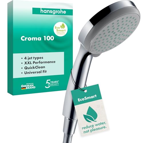 hansgrohe Croma 100 - wassersparender Duschkopf 9 l/min (EcoSmart), Handbrause mit 4 Strahlarten, runde Duschbrause (100 mm), Sparduschkopf mit Antikalk-Funktion, Chrom, 28537000