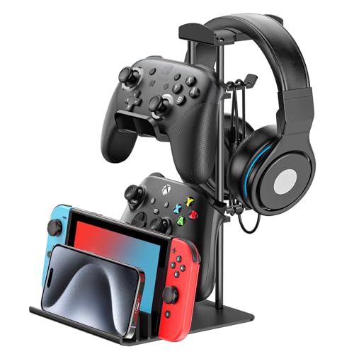 KDD Gaming Headset Ständer, Controller Halter & Kopfhörer Halterung Tisch, Headphone Stand mit Aluminium-Stange, Universaler für Switch iPad Handy (Schwarz)