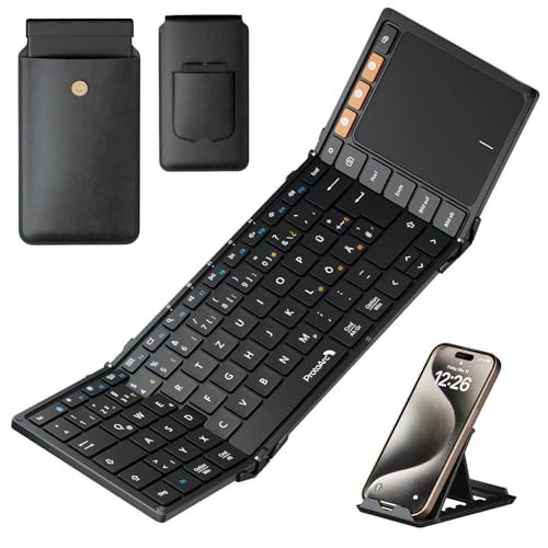 ProtoArc XK01 TP Bluetooth Tastatur Faltbare mit Touchpad, Tastatur Kabellos Klappbare QWERTZ Deutsch mit Groß Trackpad für iPad, iOS, Android, Windows Laptop PC Tablet - Schwarz