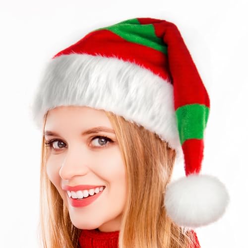 Aitsite Farbkollision Weihnachtsmütze, Weihnachts Haube Erwachsene, Nikolausmütze Plüsch aus Dicker Fellrand, Weihnachts Haube für Weihnachten Geschenk