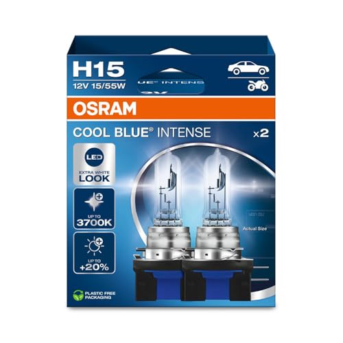OSRAM COOL BLUE® INTENSE H15, +20% mehr Helligkeit, bis zu 3.700K, Halogen-Scheinwerferlampe, LED-Look, Hängebox (2 Lampen)