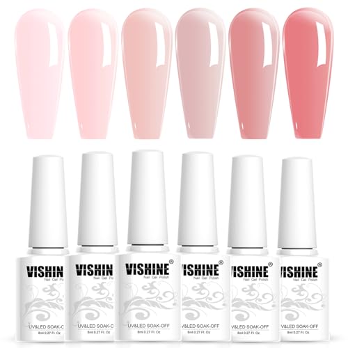 Vishine UV Nagellack Set - 6 Stück Shellac Gel in Natur Rosa, Hautfarbe, Pink Rose - Klassische Weiss Töne Serie - UV-LED Lack 8ml