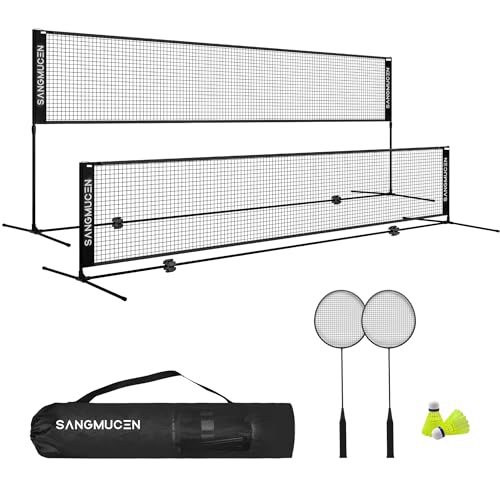 SANGMUCEN 3m Badminton Netz Set, Volleyballnetz Garten, höhenverstellbare Stangen, tragbares Set, leicht auf- und abbaubar Ideales Sportnetz für Badminton, 2 Eisenschlägern & 2 Federbällen