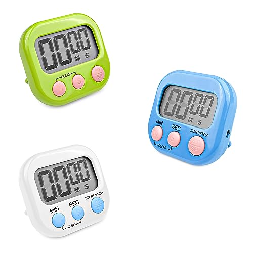 Fousenuk 3 Stück Eieruhr mit 3 Farben, Timer Digital, Küchentimer Küche, Kurzzeitwecker Magnetisch, Stoppuhr mit Einklappbarer Ständer, Timer mit Großem LCD-Display für Kochen Backen Sport Studieren