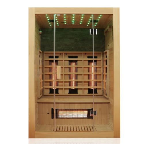 Dewello® Infrarotkabine Infrarotsauna Milton 135x105 für 1-2 Personen aus Hemlock Holz mit Vollspektrumstrahler, LED-Farblicht Sternenhimmel und Steinwand, Bluetooth, FM,MP3,USB