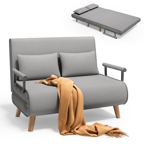 Xbro Schlafsessel mit Bettfunktion, Schlafsofa 2-Sitzer mit 6-Stufig Verstellbarer Rückenlehne und 2 Kissen, Sessel mit schlaffunktio für kleine Wohnung (Hellgrau)