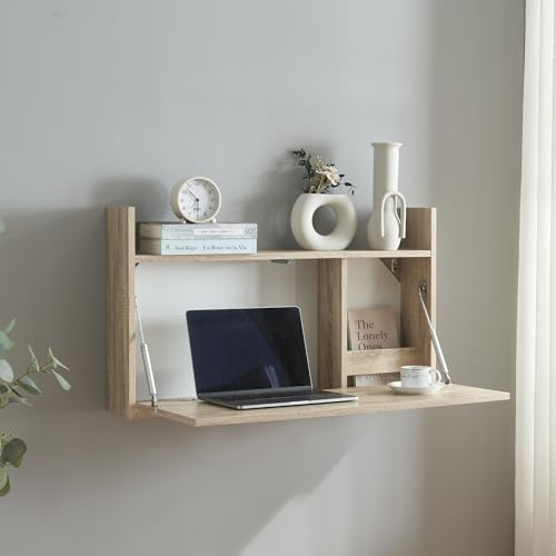 [en.casa] Wandklapptisch Rautalampi Klapptisch mit Ablage und 2 Fächern Klappschreibtisch Wandtisch klappbarer Schreibtisch für Wandmontage Weiß Eiche-Optik 83 x 48 x 14,5 cm
