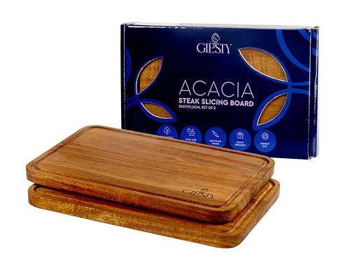 Giesty® Servierbrett, Steakbrett mit Saftrille, Schneidebrett, Aufschnittbrett, Brett für Charcuterie, Käse, Fleisch, Gemüse und Wurst 2-er Set (Akazienholz, 26cm x 17cm)